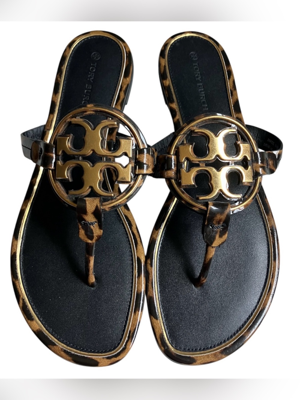 Tory Burch Miller Gold Metal Leopard Print Black Leather sandals 8 Luxury NWOB - Picture 2 of 11